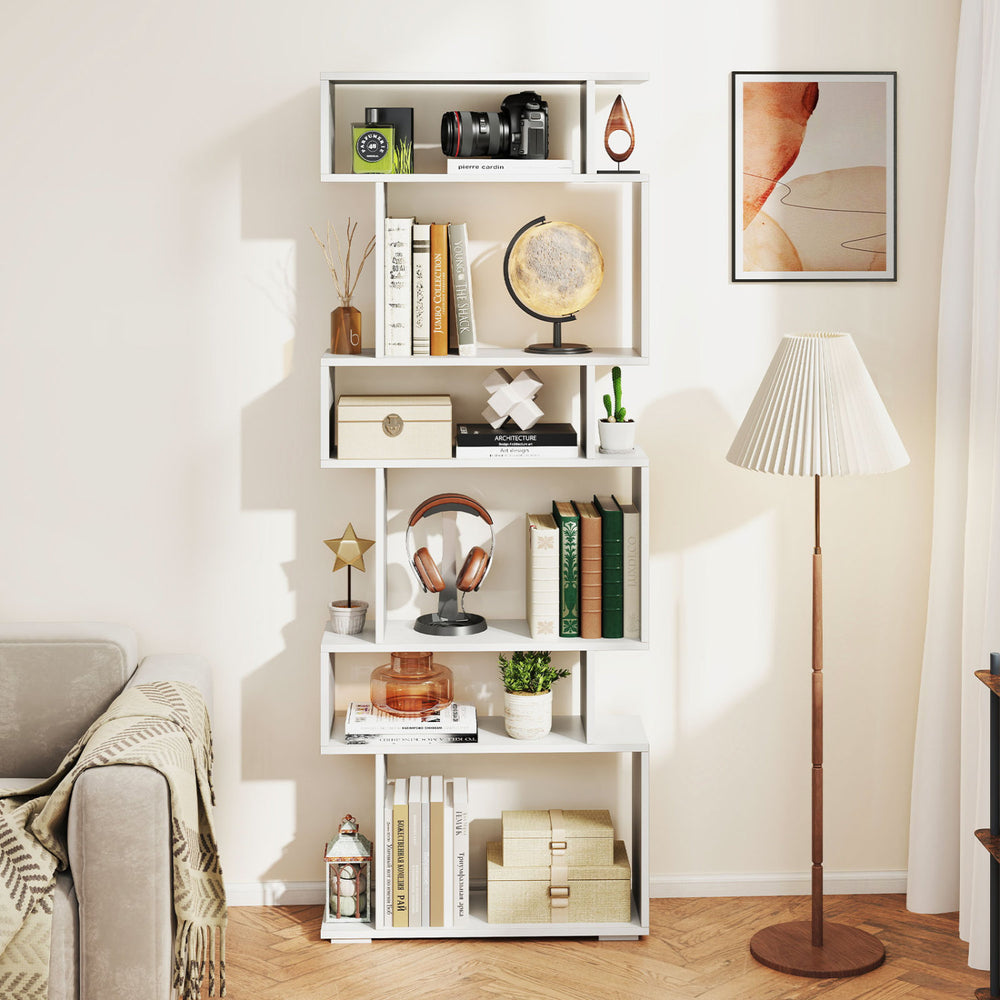 6-tier white bookcase with anti-tipping kit, showcasing books and decor, ideal for living rooms and studies.