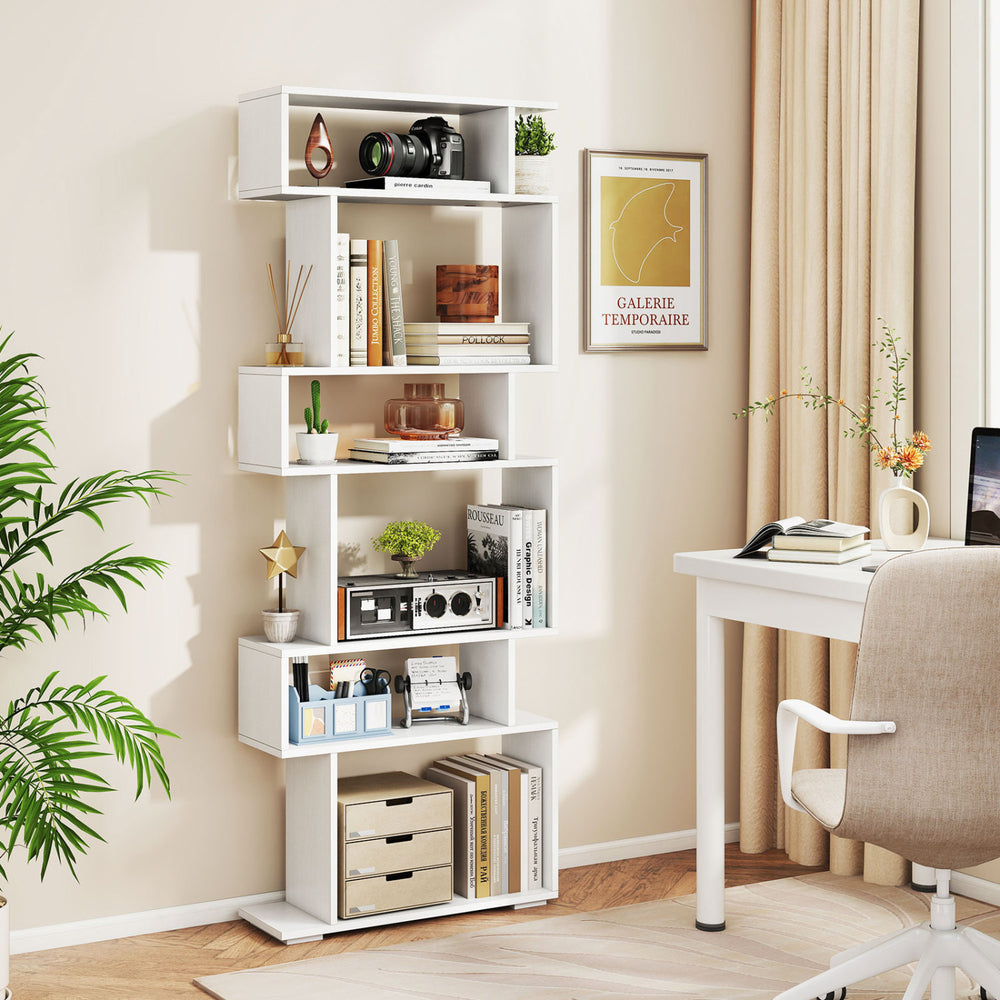 6-tier white bookcase with anti-tipping kit, showcasing books and decor, ideal for modern living rooms and studies.