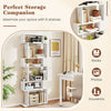6-tier white bookcase with anti-tipping kit, ideal for organizing books and photos in modern living spaces.