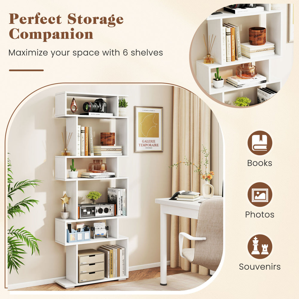 6-tier white bookcase with anti-tipping kit, ideal for organizing books and photos in modern living spaces.