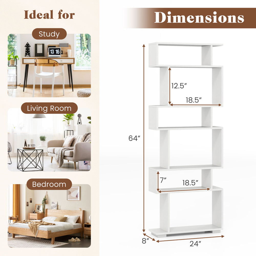 6-tier white bookcase with anti-tipping kit, ideal for living rooms, bedrooms, and studies, featuring a modern design.