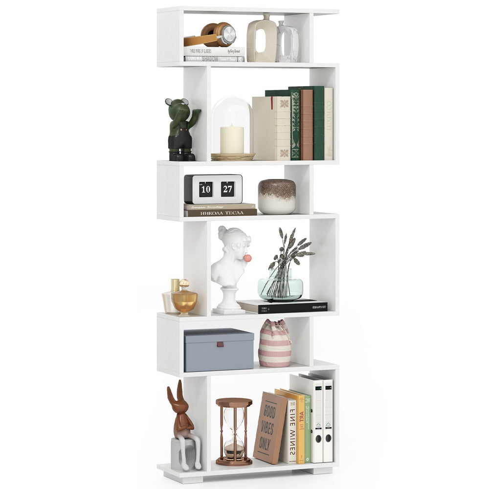 6-tier white bookcase with anti-tipping kit, showcasing a modern design for organized storage in any room.