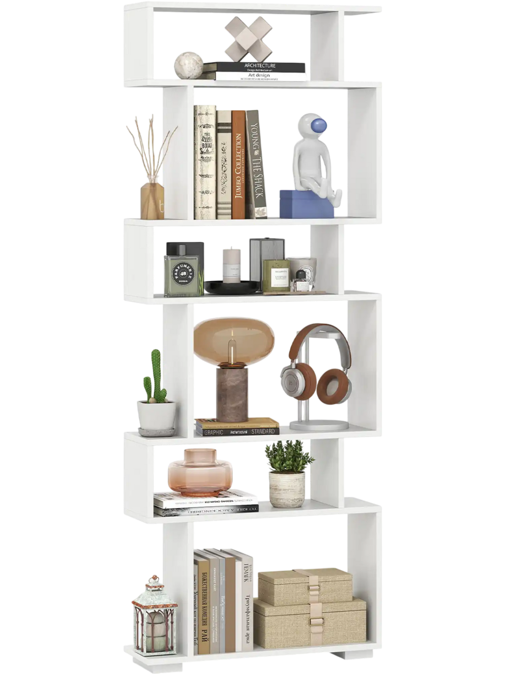 6-tier white bookcase with anti-tipping kit, featuring a modern design for organized storage in any room.