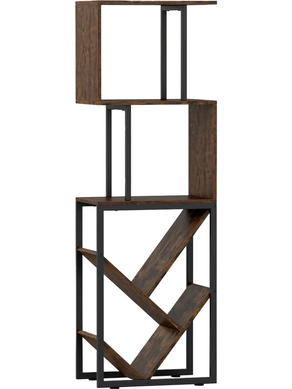 S-shaped 6-tier bookshelf in brown with open shelves, ideal for living room or home office decor and storage.