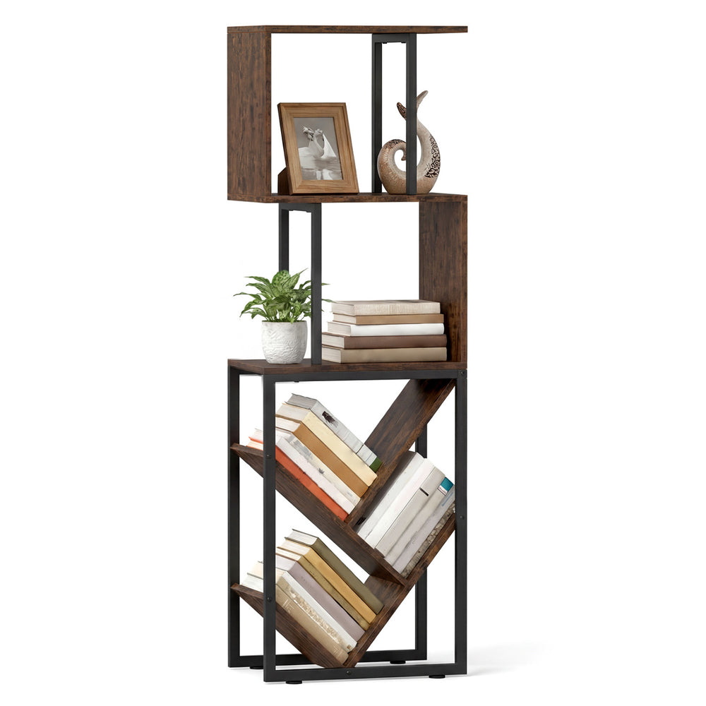 S-shaped 6-tier bookshelf in brown with open shelves, ideal for living room or home office storage and decor.