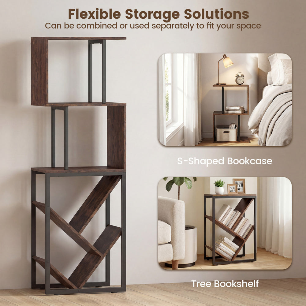 6-tier S-shaped bookshelf in brown with open shelves, ideal for living room or home office storage and decoration.