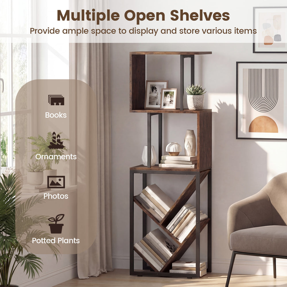 S-shaped 6-tier bookshelf in brown with open shelves for books and decor, ideal for living room or home office use.