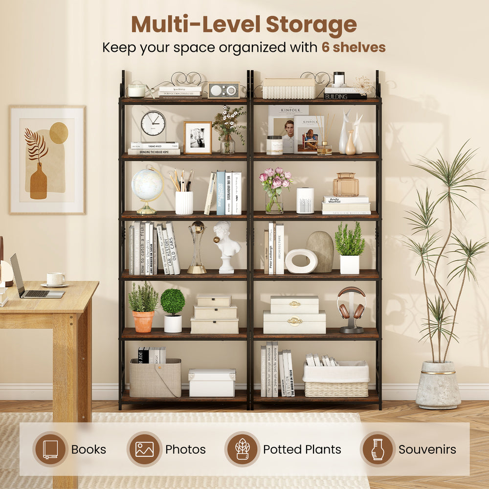 6-tier industrial bookshelf in rustic brown with metal frame, featuring 6 shelves for organized storage and decorative.