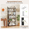 6-tier industrial bookshelf in rustic brown with a sprayed metal frame and anti-tipping kits for stability and charm.