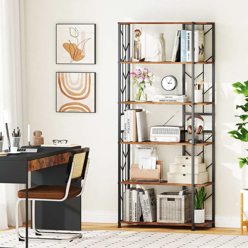 6-tier bookshelf in rustic brown with geometric design, perfect for displaying plants and decorations in any living.