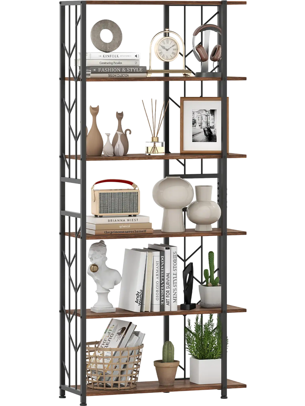 6-tier bookshelf with rustic brown shelves and heavy-duty metal frame, featuring a twig-shaped geometric pattern for.