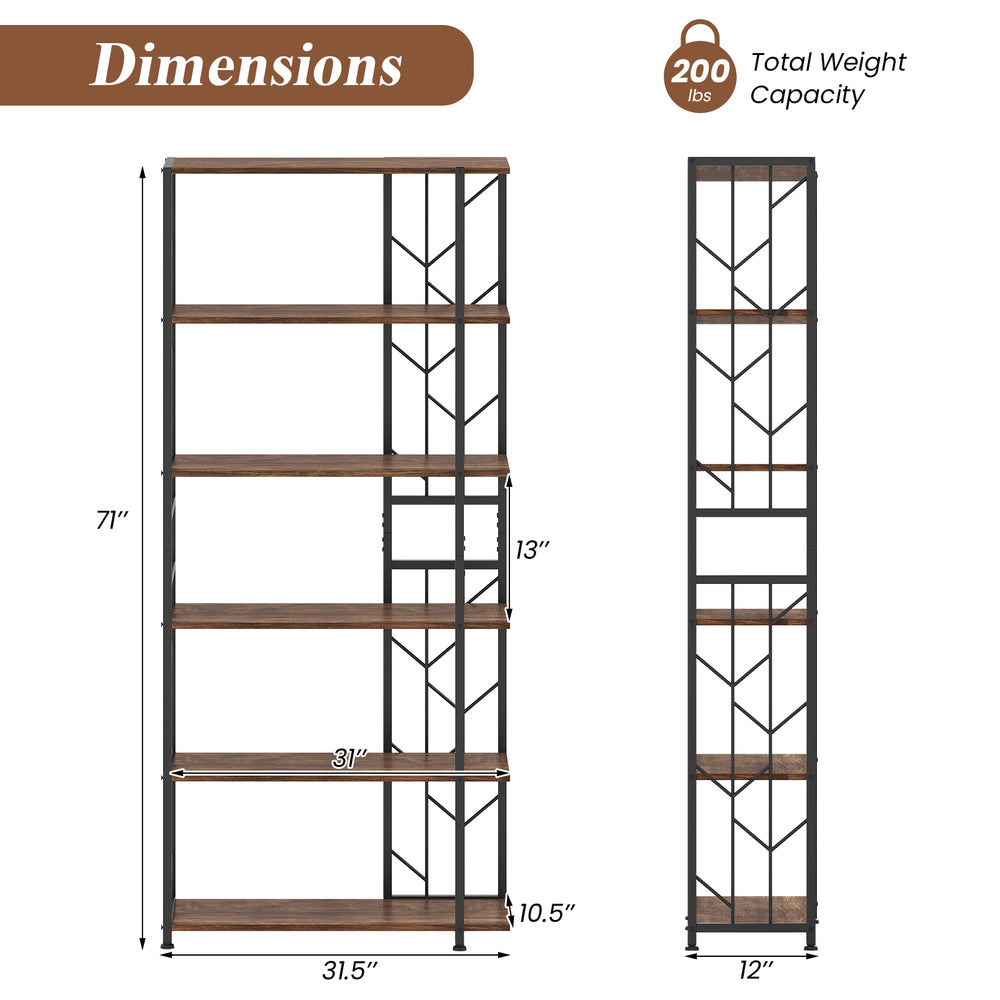 6-tier bookshelf with rustic brown shelves and geometric metal frame, designed for stability and elegance in any space.