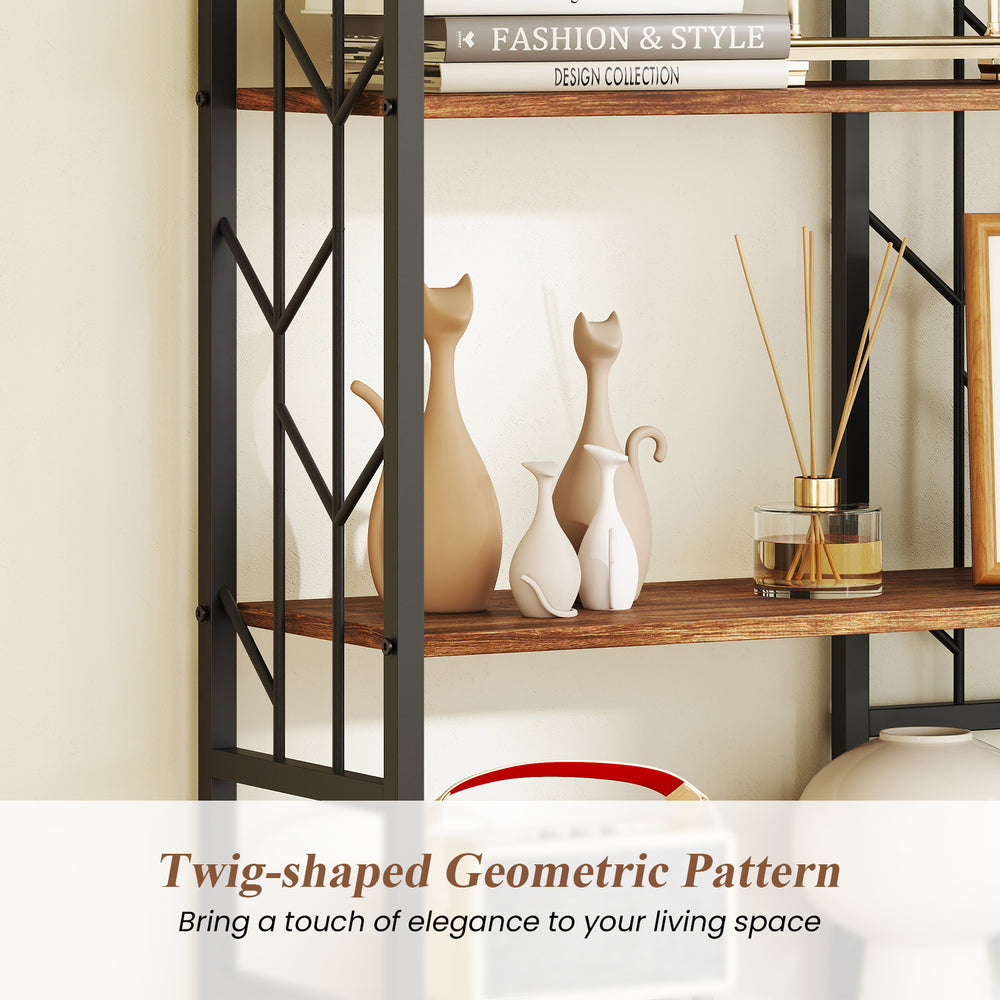 6-tier bookshelf featuring a twig-shaped geometric pattern in rustic brown, perfect for elegant living spaces.