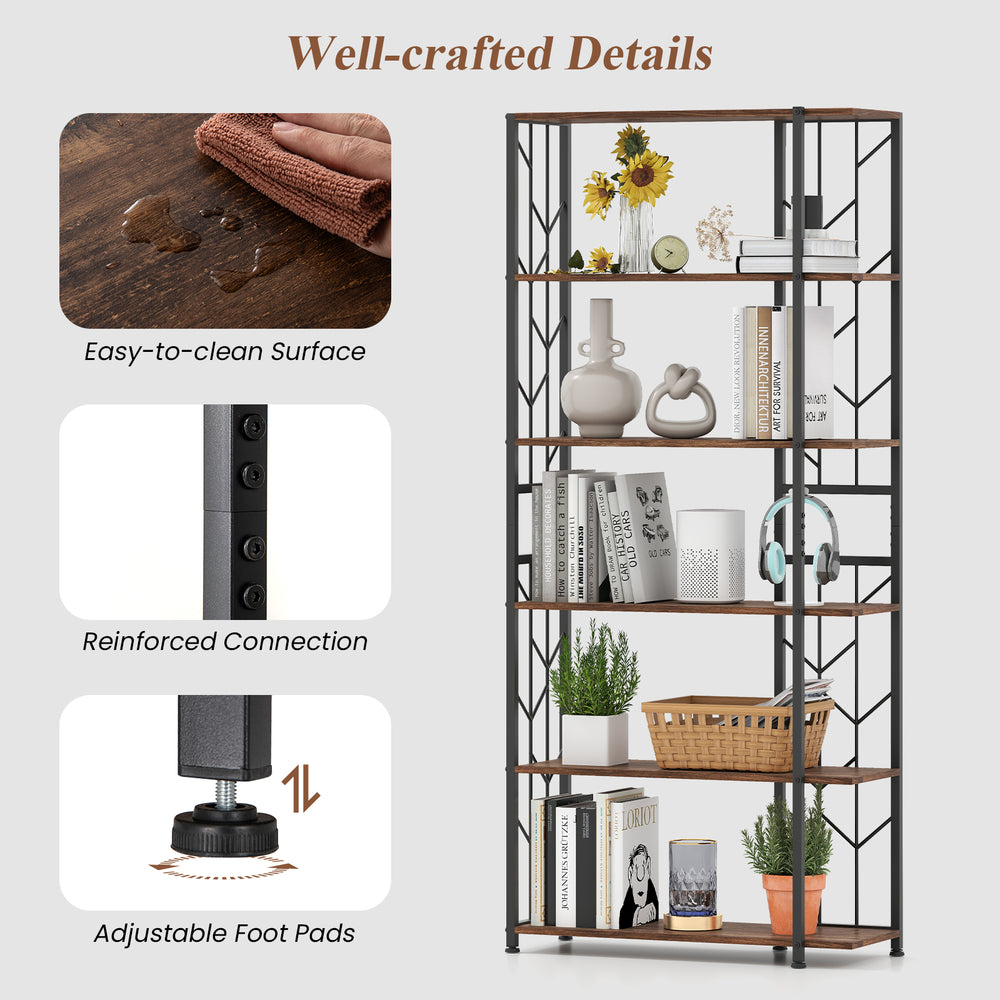 6-tier rustic brown bookshelf with geometric design, reinforced metal frame, and adjustable foot pads for stability.