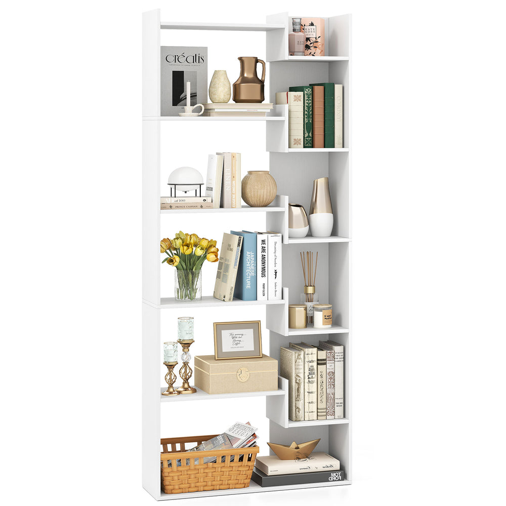 6-tier white bookshelf with open display shelves, featuring anti-tipping kits, ideal for organizing books and decor.