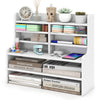 Compact 6-tier white desktop organizer with removable shelves, perfect for storing books and stationery in small spaces.