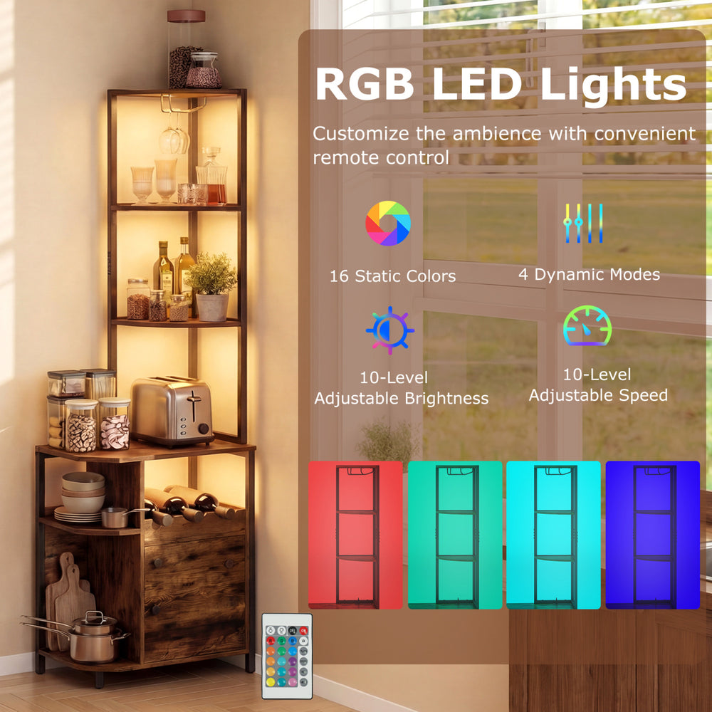 6-tier rustic brown corner bar cabinet with RGB LED lights, charging station, and organized storage for kitchen spaces.