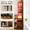 6-tier corner bar cabinet in rustic brown with LED lights, wine rack, and charging station for organized storage.