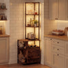 6-tier corner bar cabinet in rustic brown with LED lights, wine rack, and charging station for organized kitchen space.