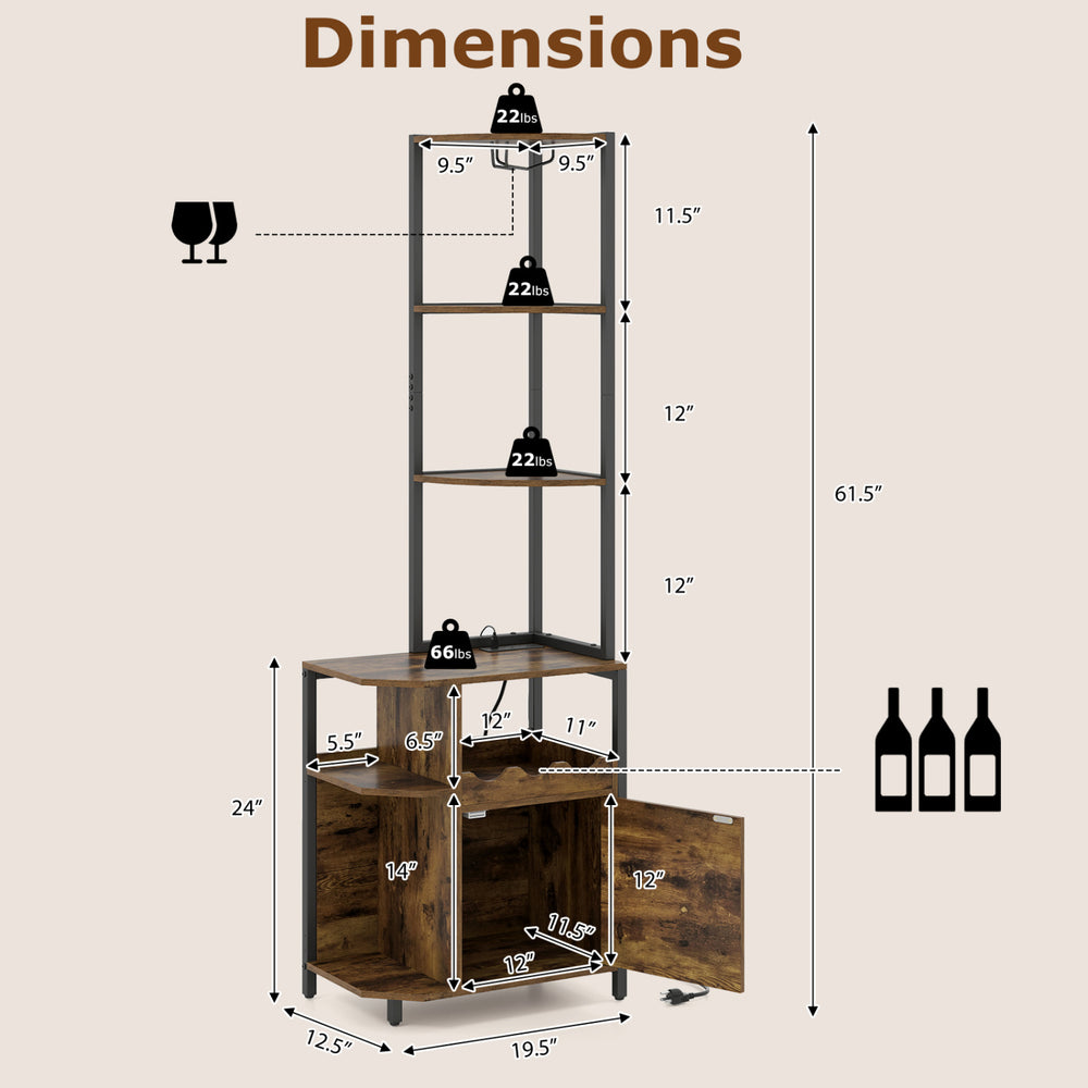 Dimensions chart of the 6-tier corner bar cabinet in rustic brown, showcasing storage space and features for optimal.