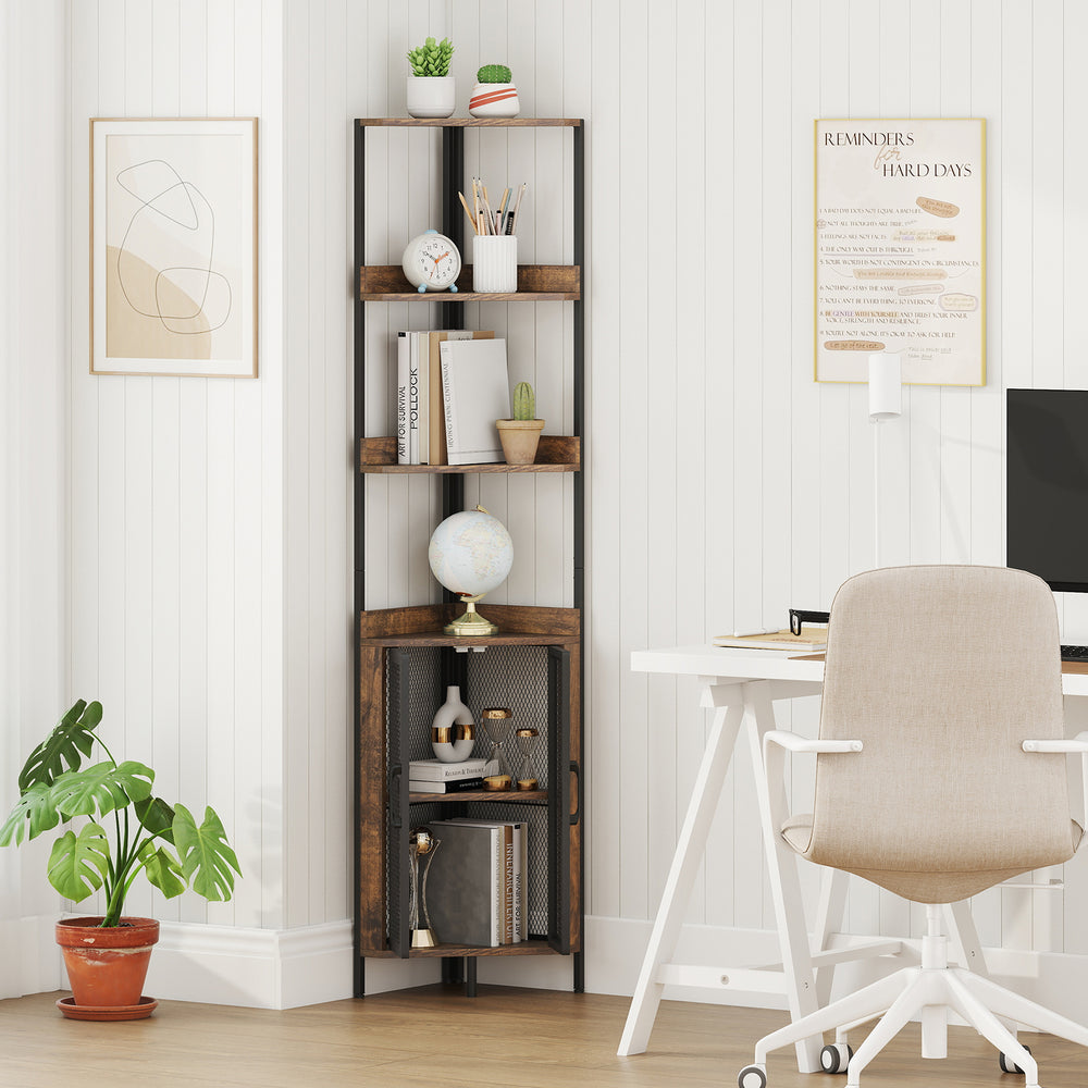 6-tier corner shelf with a brown wood finish and metal frame, ideal for books and plants in small spaces.