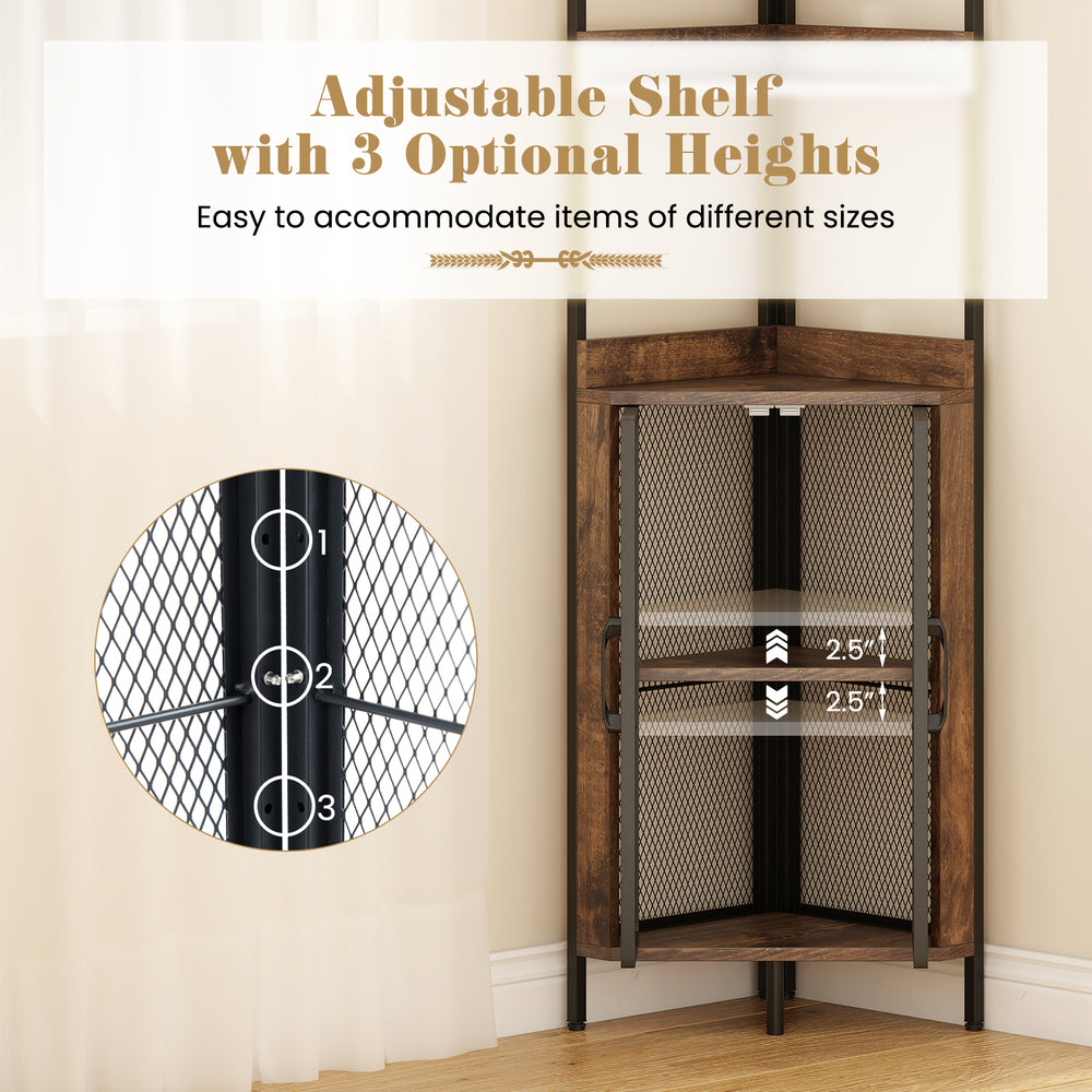 6-tier corner shelf with adjustable height shelves, industrial brown design, perfect for space-saving storage and.