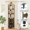 67-inch tall 6-tier corner shelf in brown with mesh cabinet doors and adjustable foot pads for stable storage.