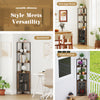 6-tier corner shelf in brown with mesh cabinet doors, ideal as a bookshelf or plant stand for space-saving storage.