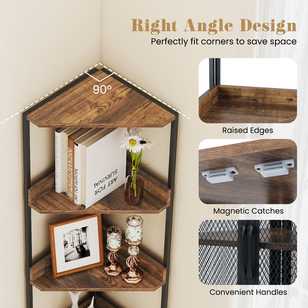 6-tier corner shelf with a right angle design, brown finish, and mesh cabinet doors for stylish storage and display.