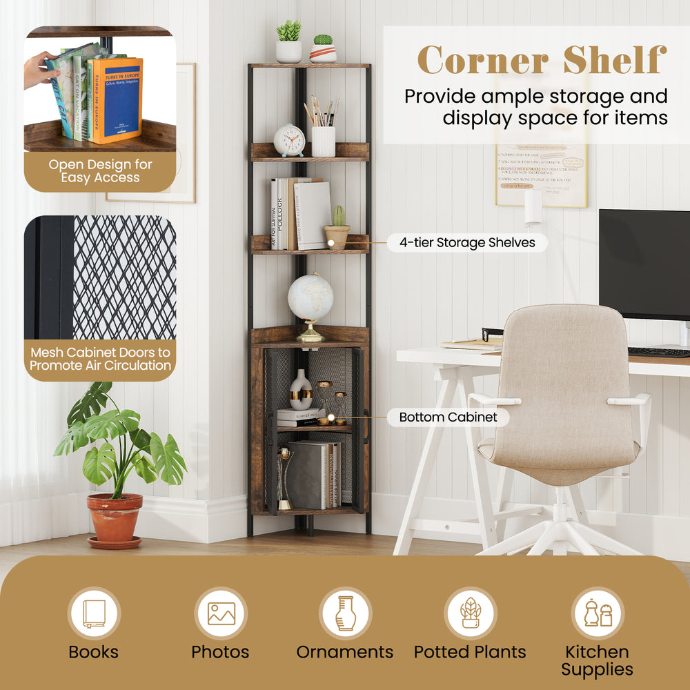 6-tier corner shelf with 4 open storage tiers and a mesh cabinet, perfect for books and plants in small spaces.