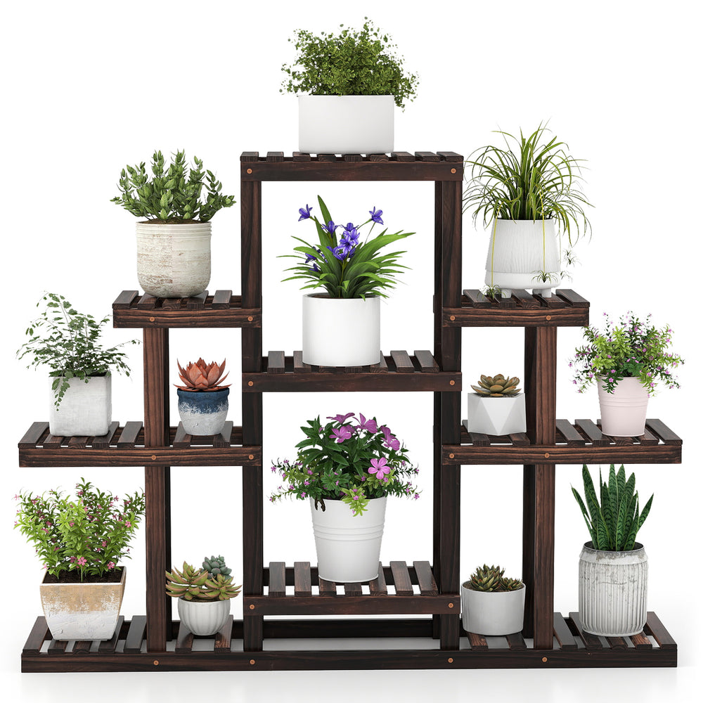 6-tier flower wood stand plant display rack made of natural pine wood, showcasing potted plants for indoor and outdoor.