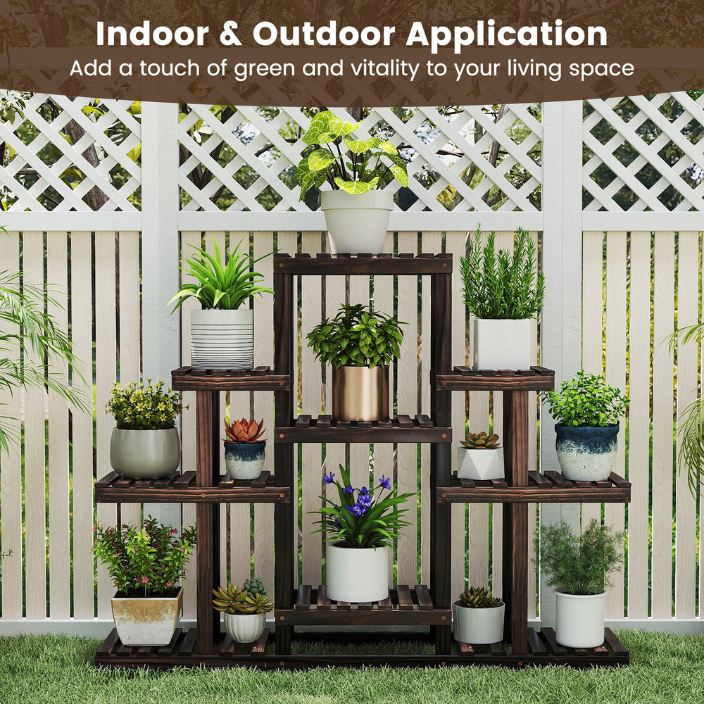 6-tier wood plant display rack made of natural pine, perfect for indoor and outdoor use, showcasing potted plants.