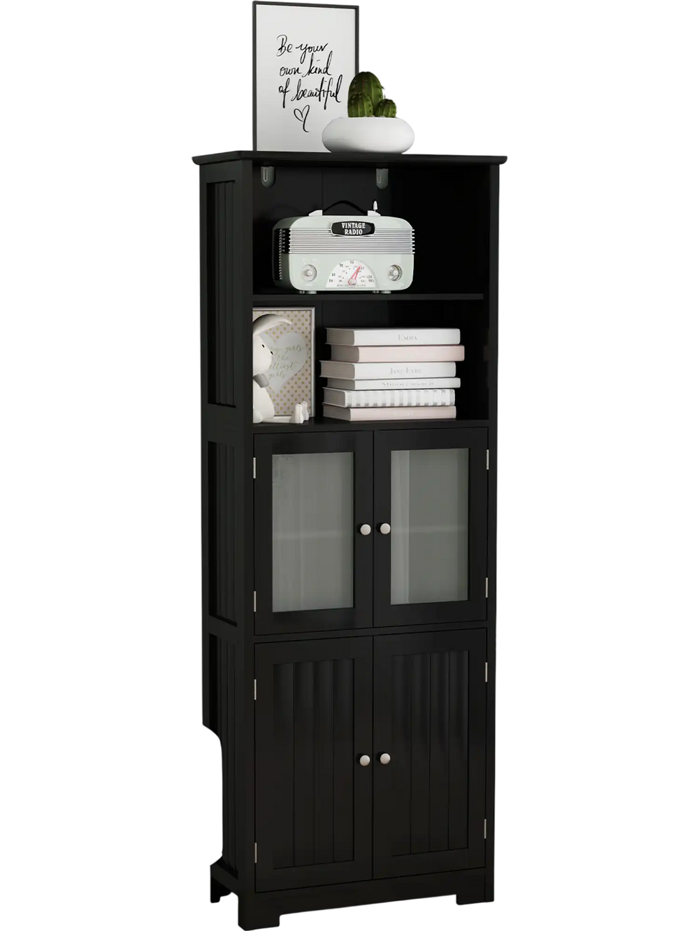 Freestanding black bathroom cabinet with 2 open shelves and 2 glass-door cabinets, perfect for stylish storage.