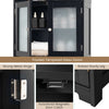 Freestanding black bathroom cabinet with frosted glass doors, adjustable shelves, and sturdy raised legs for versatile.