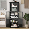 Freestanding black bathroom cabinet with 6 tiers, 2 open shelves, and adjustable shelves for versatile storage.