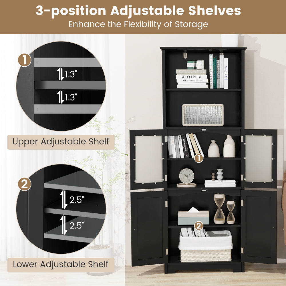 Freestanding black bathroom cabinet with adjustable shelves, two open compartments, and two cabinet doors for versatile.