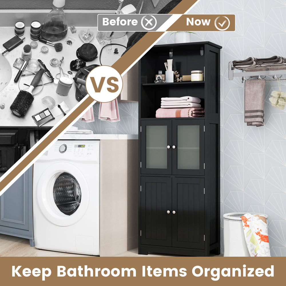 Freestanding black bathroom cabinet with 2 open shelves and adjustable shelves for organized storage.