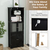 Freestanding black bathroom cabinet featuring 2 open shelves, 2 glass-doored cabinets, and adjustable shelves for.