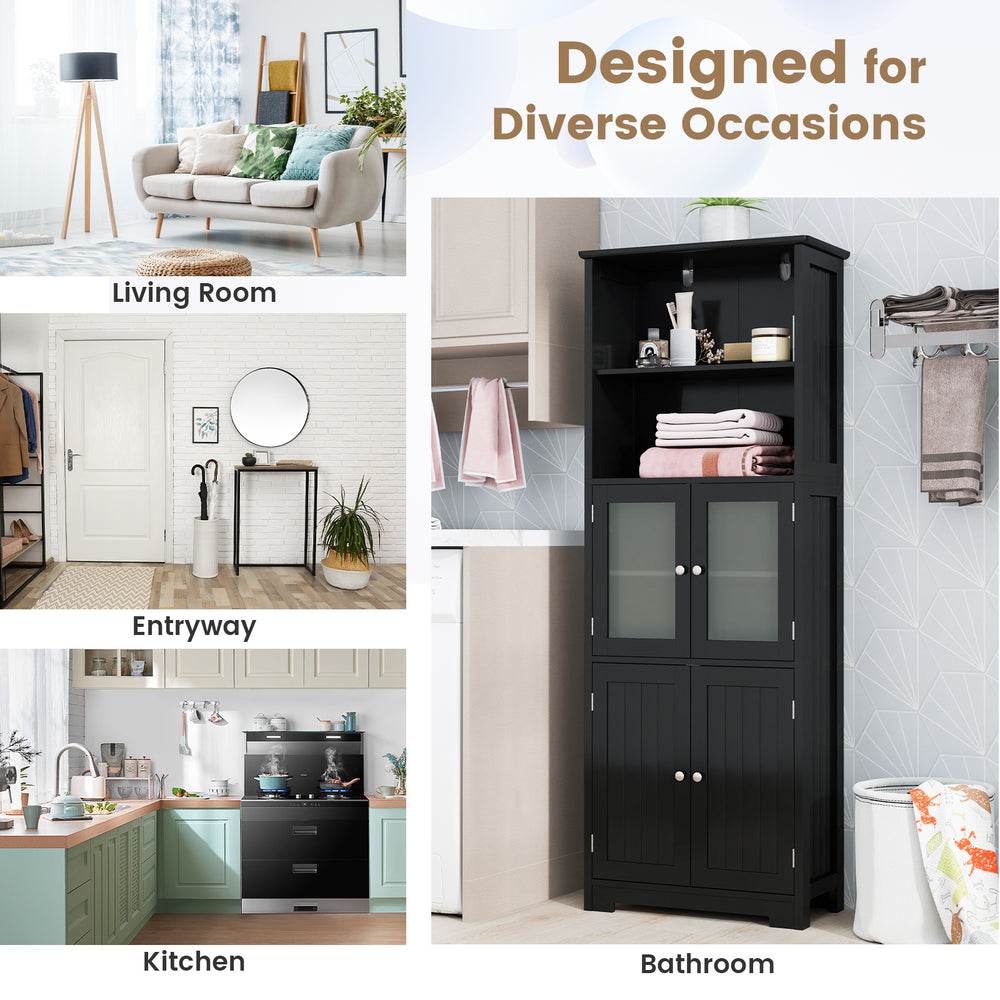 6-tier black bathroom cabinet with 2 open shelves and adjustable shelves, ideal for versatile home storage solutions.