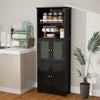 Freestanding black cabinet with 2 open shelves and 2 glass-door cabinets, ideal for bathroom or kitchen storage.