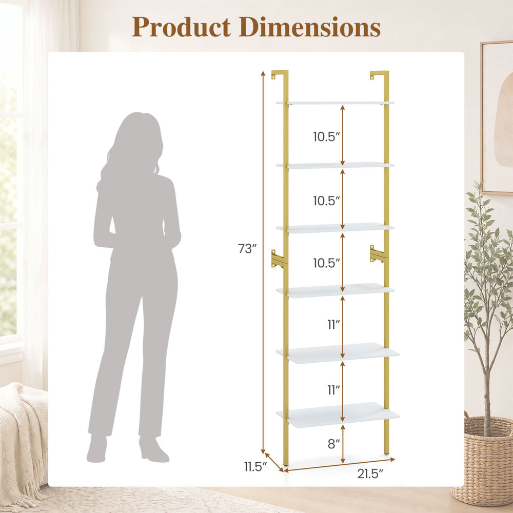 6-tier freestanding ladder storage bookshelf with a sturdy metal frame, ideal for organizing essentials in narrow spaces.