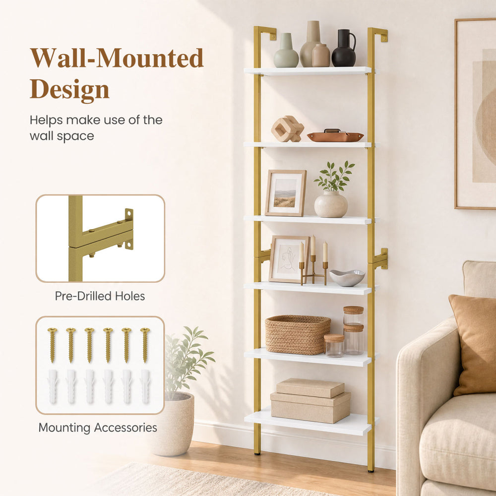 6-tier freestanding ladder bookshelf with a sturdy metal frame in white, ideal for organizing essentials in narrow spaces.