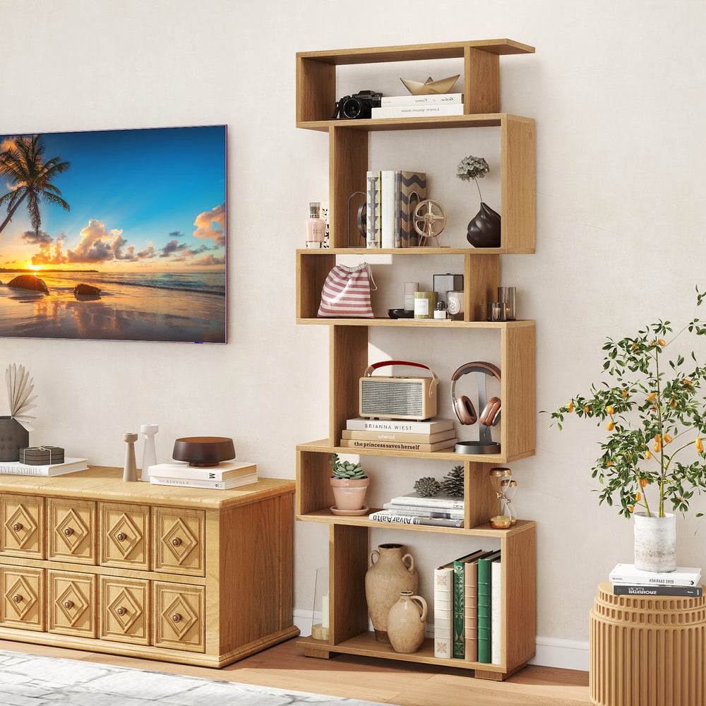 6-Tier Geometric Bookshelf with 2 Anti-Tipping Kits for Home Office-Natural - Gallery View 1 of 9
