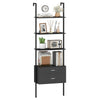 6-tier ladder bookcase in black with 2 drawers and open shelves, perfect for organizing books and decor in any room.