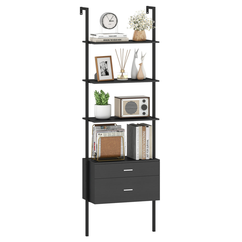 6-tier ladder bookcase in black with 2 drawers and open shelves, perfect for organizing books and decor in any room.