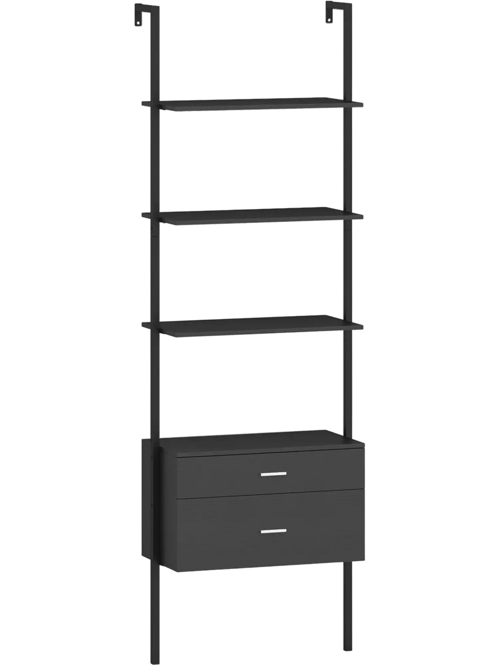 6-tier ladder bookcase in black with 4 shelves and 2 drawers, perfect for organizing books and decor in any room.