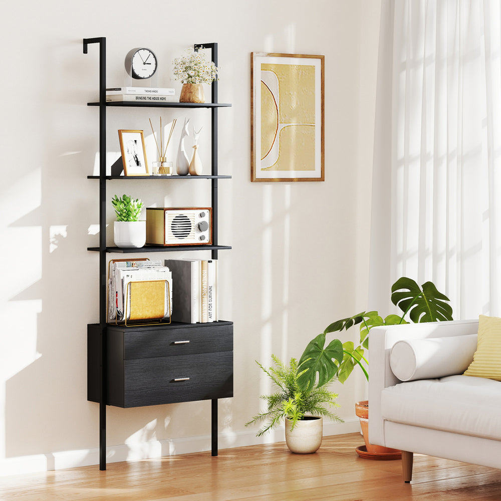 6-tier black ladder bookcase with 2 drawers, ideal for organizing books and decor in living room or office.