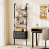 6-tier ladder bookcase in black with 4 open shelves and 2 drawers, perfect for organizing books and decor in any room.