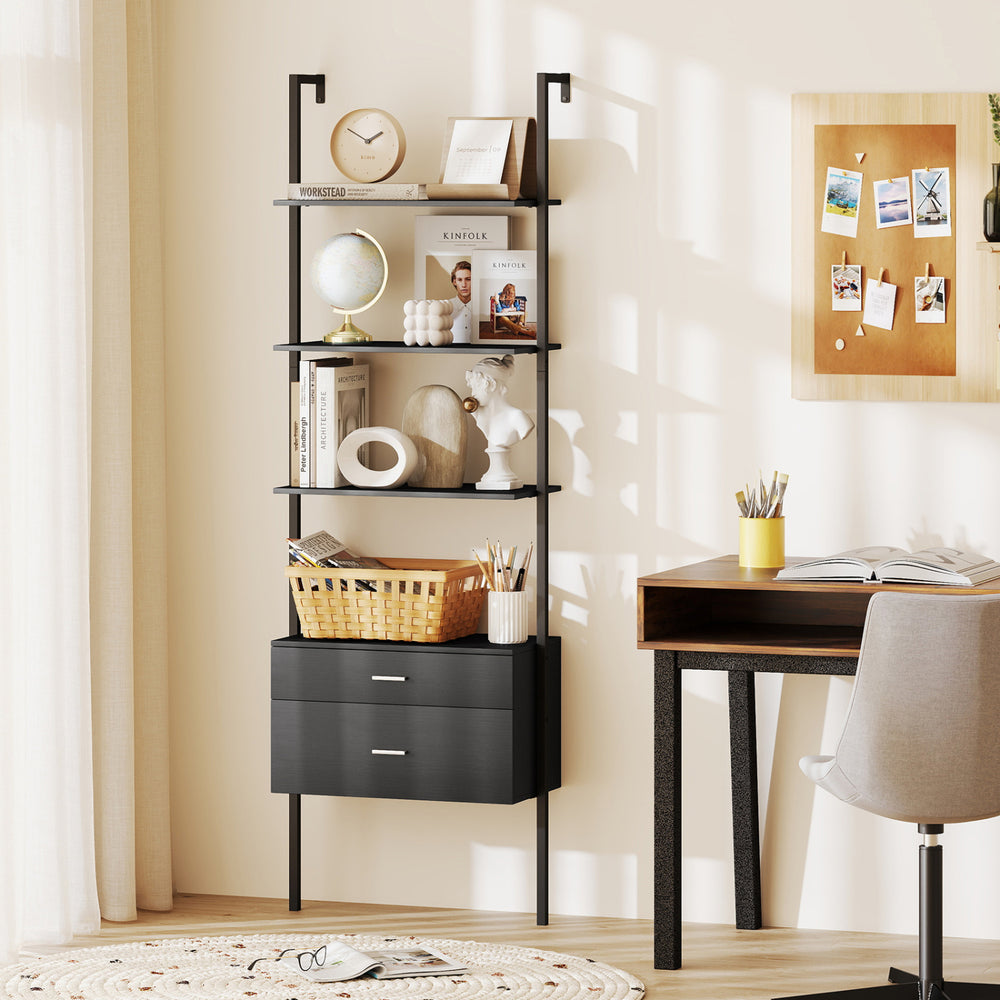 6-tier ladder bookcase in black with 4 open shelves and 2 drawers, perfect for organizing books and decor in any room.