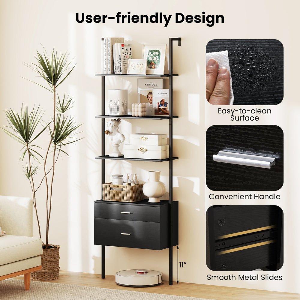 6-tier black ladder bookcase with 2 drawers, metal frame, and open shelves for versatile storage in living room or.